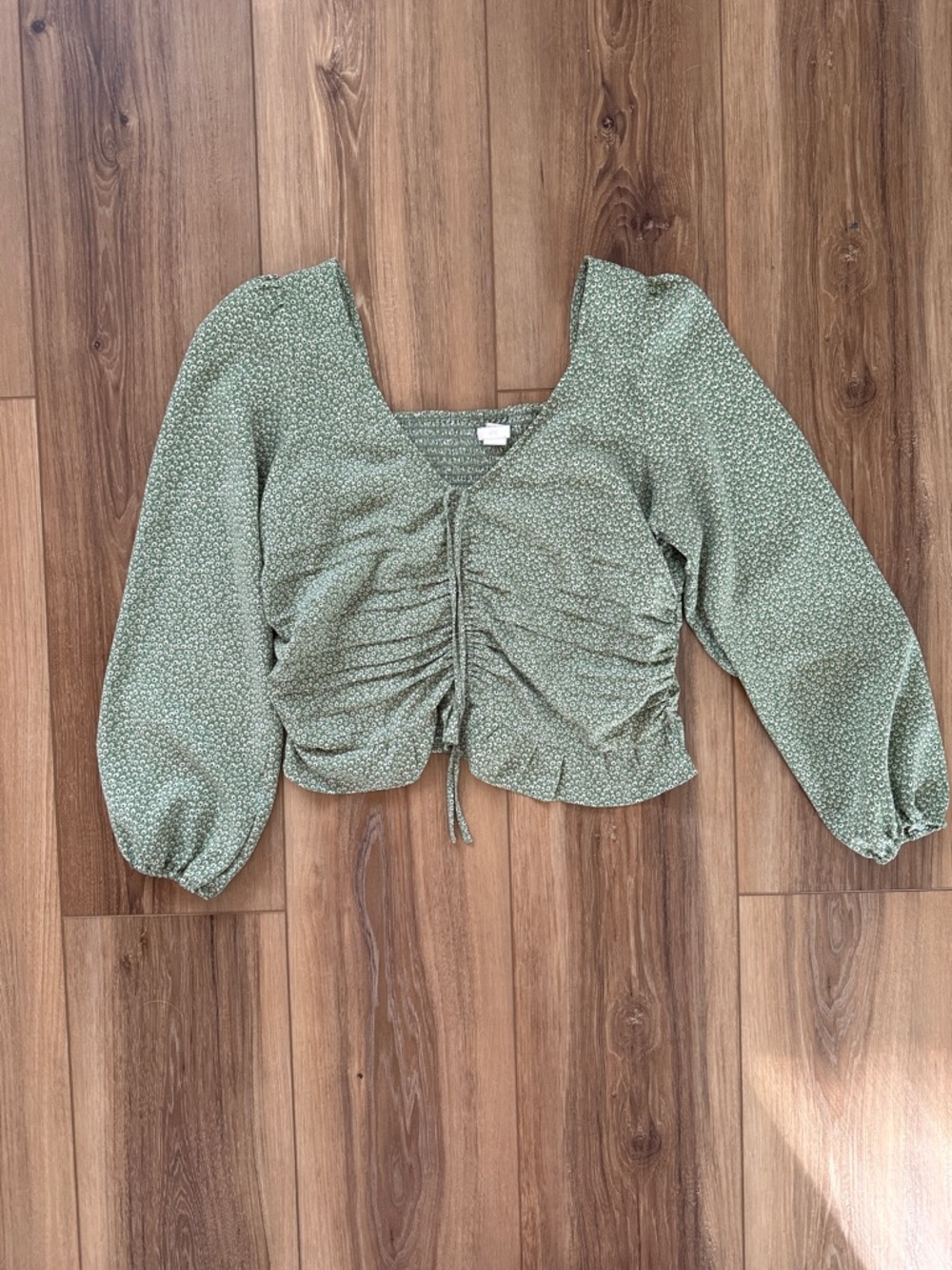 H&M Sage Green Ruched Drawstring V-Neck Blouse